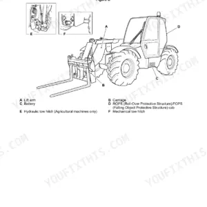 JCB 526-56, 531-70, 533-105, 535-95, 535-v125, 535-v140, 536-60, 536-70, 540-140, 540-170, 540-200, 540-v140, 541-70, 550-80, 560-80 diagram of main component locations including lift arm, carriage, battery, ROPS/FOPS cab, and tow hitches.