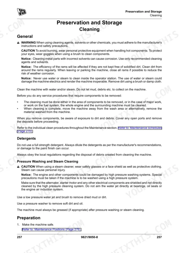 JCB 526-56 to 560-80 manual page covering preservation, storage, and machine cleaning procedures, detergents, and pressure washing safety.