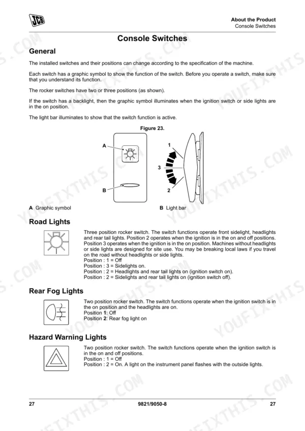 JCB 526-56 to 560-80 console switches diagram, road lights, rear fog lights, and hazard warning lights operation guide.
