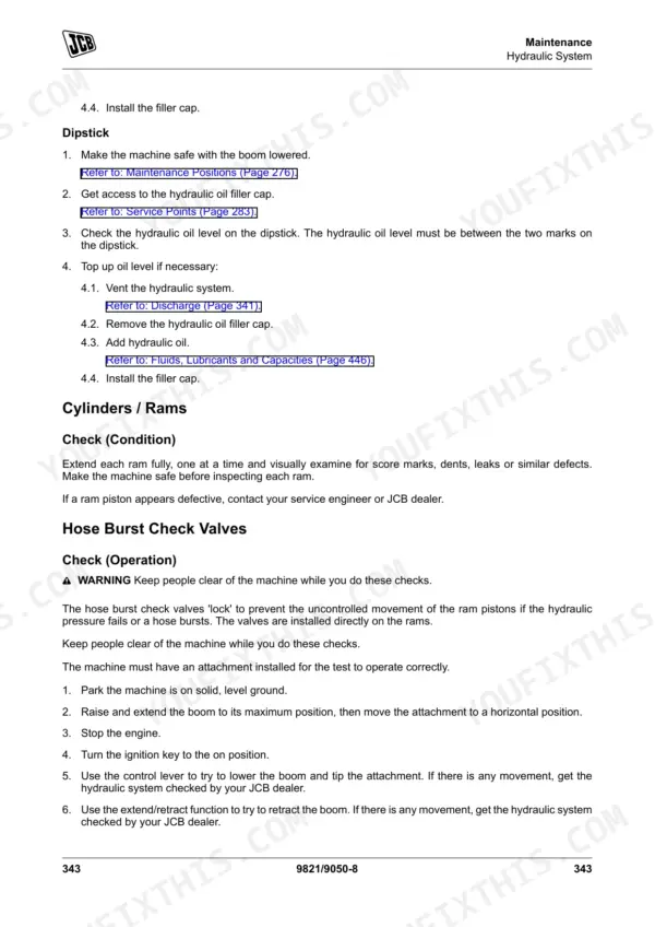 JCB 526-56 to 560-80 manual: hydraulic oil dipstick check, cylinder inspection, and hose burst check valve test procedures.