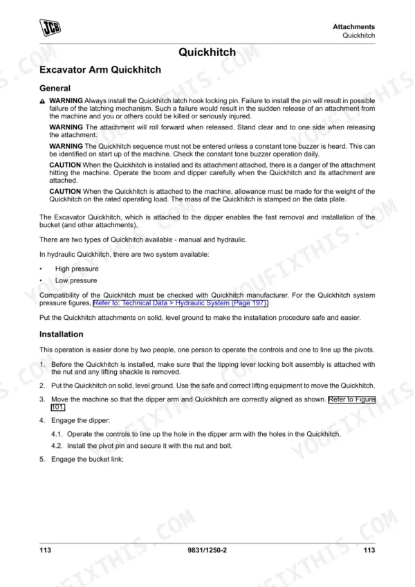 JCB 55Z-1, 57C-1 excavator manual page detailing Quickhitch attachment safety warnings, system types, and installation procedures.