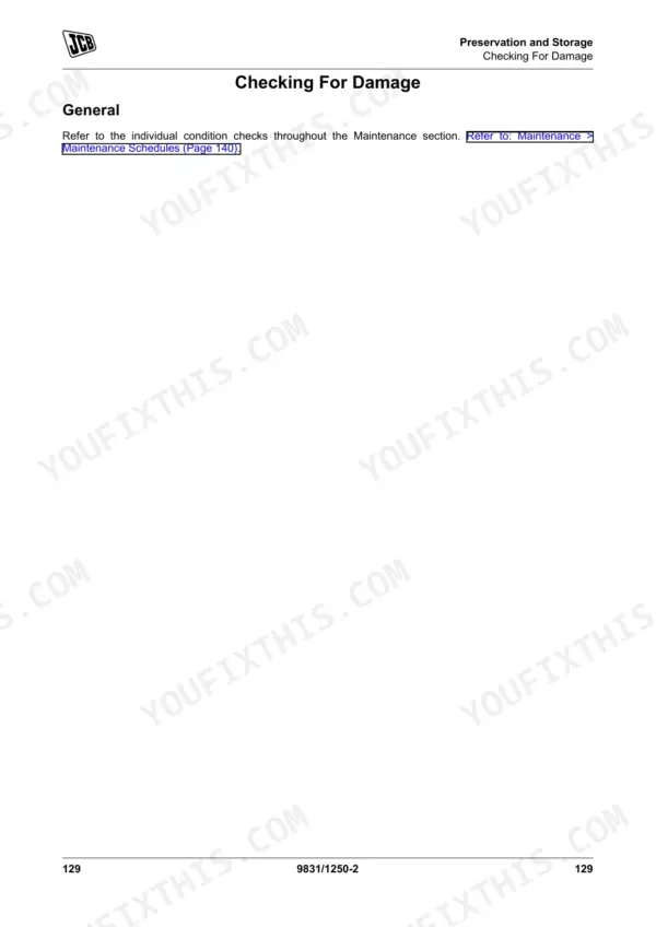 JCB 55Z-1, 57C-1 operator manual page for Checking For Damage, referencing maintenance schedules and procedures.