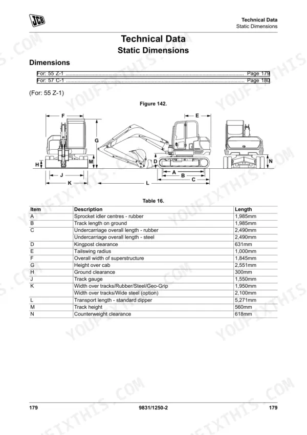 JCB 55Z-1, 57C-1 technical data static dimensions diagram and table showing excavator measurements and component lengths.