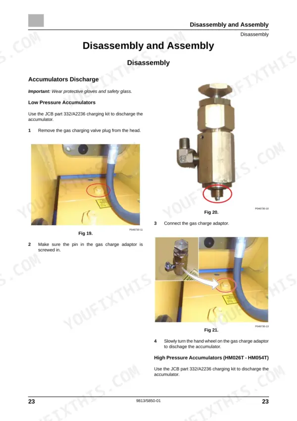JCB HM012T–HM380T manual procedure for low pressure accumulator discharge using charging kit 332/A2236.