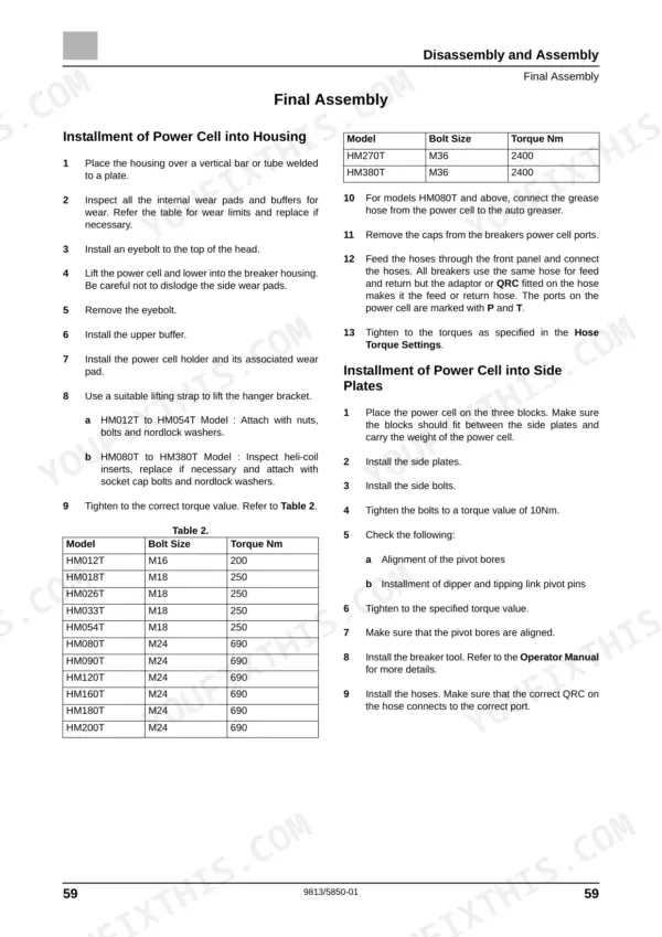 JCB HM012T–HM380T power cell installation procedures, torque settings tables, and side plate assembly instructions.