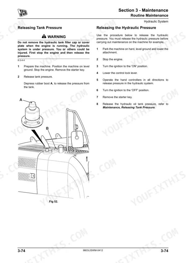 JCB JS200W Tier III maintenance manual page for releasing hydraulic tank and system pressure with diagram.