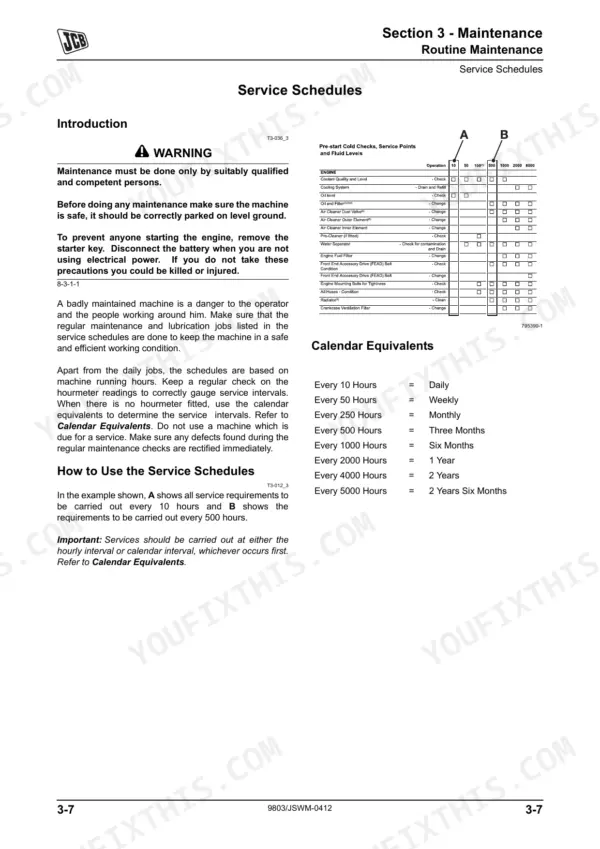 JCB JS200W Tier III maintenance manual showing engine service schedule table and calendar hour equivalents.