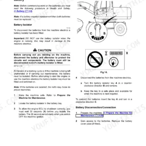 JCB JS200W Tier III maintenance manual page for battery isolator operation and disconnection procedures.