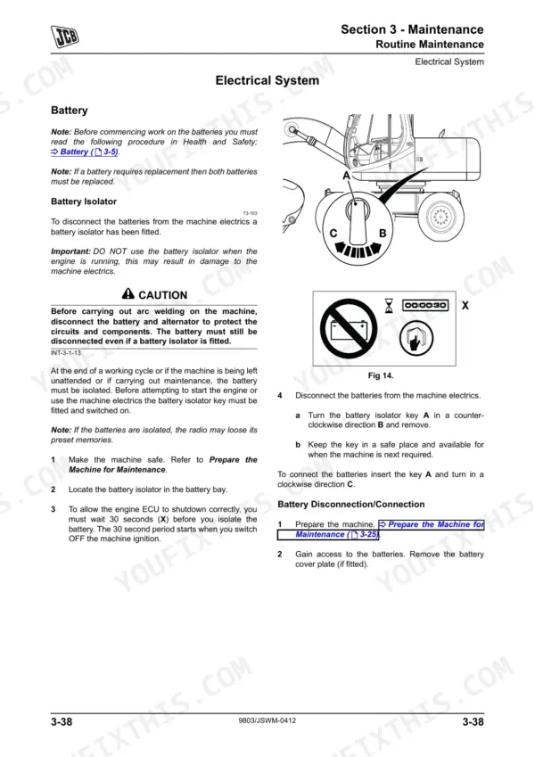 jcb-js200w-wheeled-excavator-service-manual-9803-9540-6-wiring-108.webp JCB JS200W Tier III maintenance manual page for battery isolator operation and disconnection procedures.