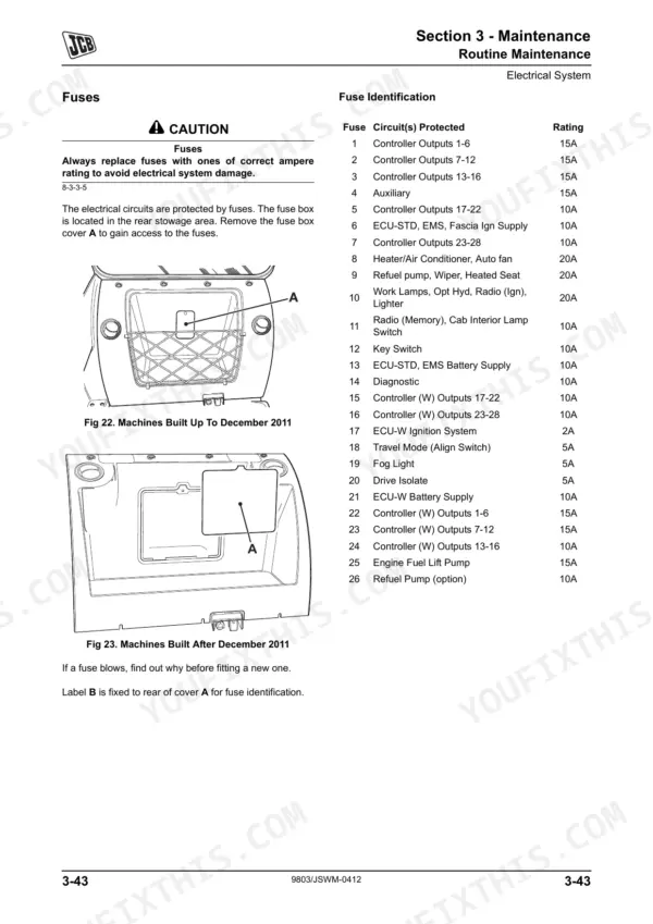 JCB JS200W Tier III fuse identification table and diagrams showing fuse box locations for pre and post-2011 models.