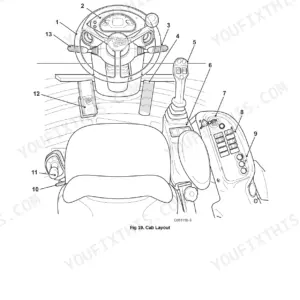 JCB TM310, TM310S, TM310WM cab layout diagram showing steering wheel, joystick, switches, and operator controls.
