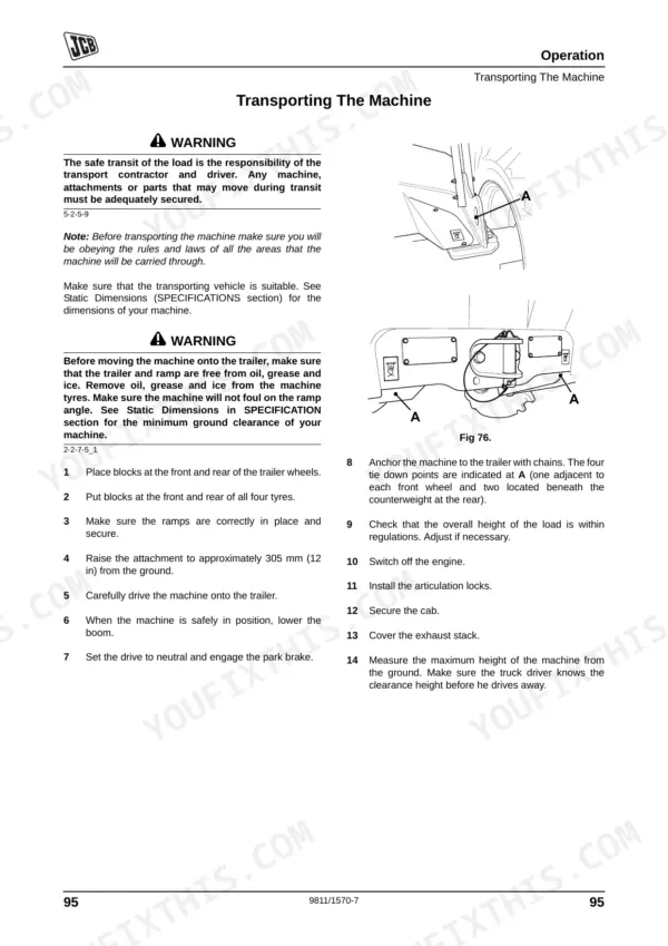 JCB TM310, TM310S, TM310WM manual page showing procedures and tie-down point diagrams for transporting the machine.