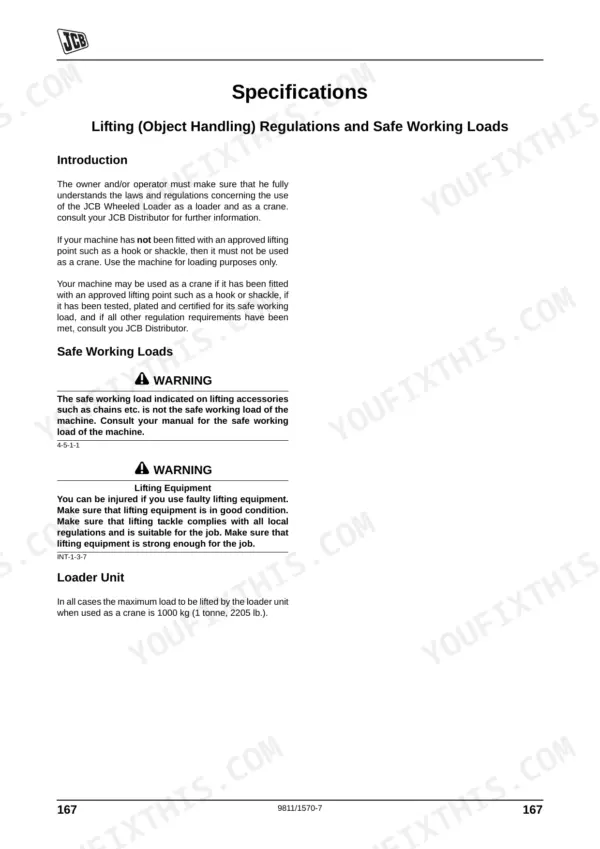 JCB TM310, TM310S, TM310WM specifications page for lifting regulations, safe working loads, and loader unit lifting capacity.