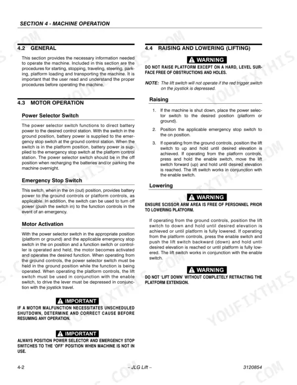 JLG 1932E2, 2032E2, 2632E2, 2646E2, 3246E2 manual page detailing motor operation and platform raising and lowering procedures.