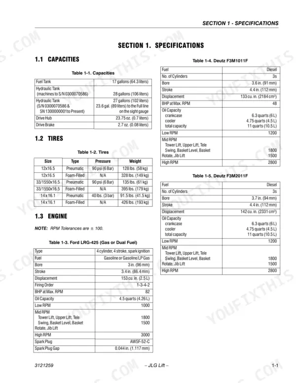 JLG 450A, 450AJ specifications page showing fluid capacities, tire pressure, and engine data for Ford, Deutz F3M1011F, and F3M2011F.