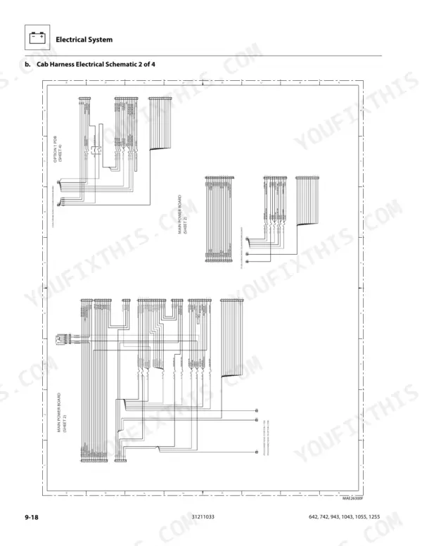 JLG 642, 742, 943, 1043, 1055, 1255 cab harness electrical schematic diagram, sheet 2 of 4, showing PDB and main power board connections.