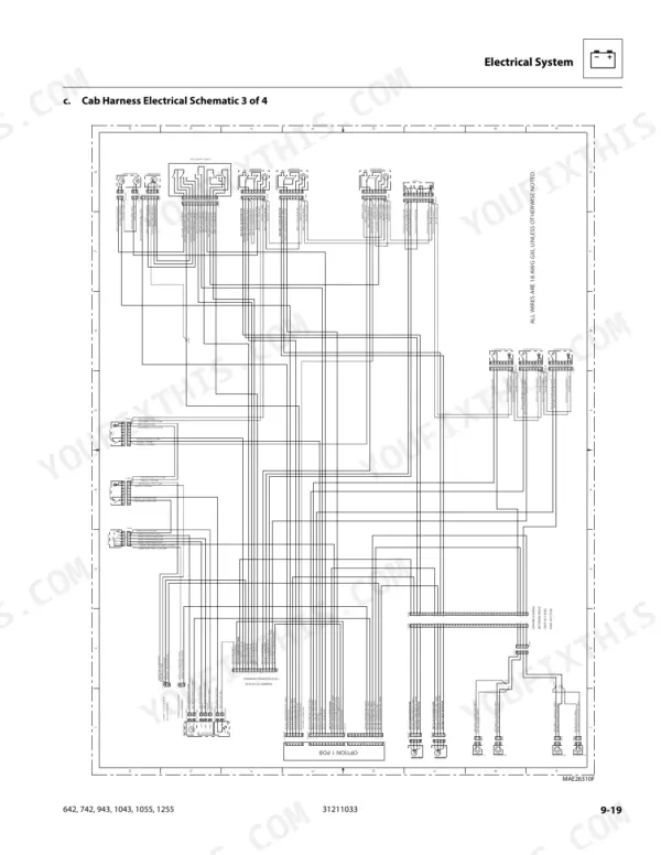 JLG 642, 742, 943, 1043, 1055, 1255 cab harness electrical schematic 3 of 4 showing wiring connections and PDB components.
