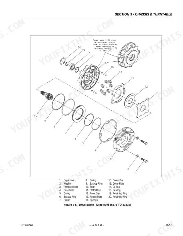 JLG 800A, 800AJ exploded view of Mico drive brake assembly with numbered parts list for chassis and turntable section.