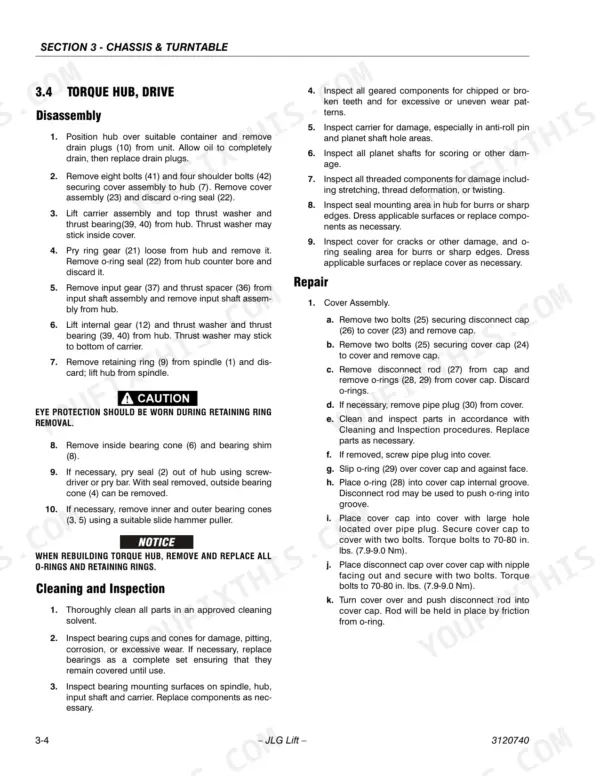 JLG 800A, 800AJ service manual page detailing torque hub drive disassembly, cleaning, inspection, and repair procedures.