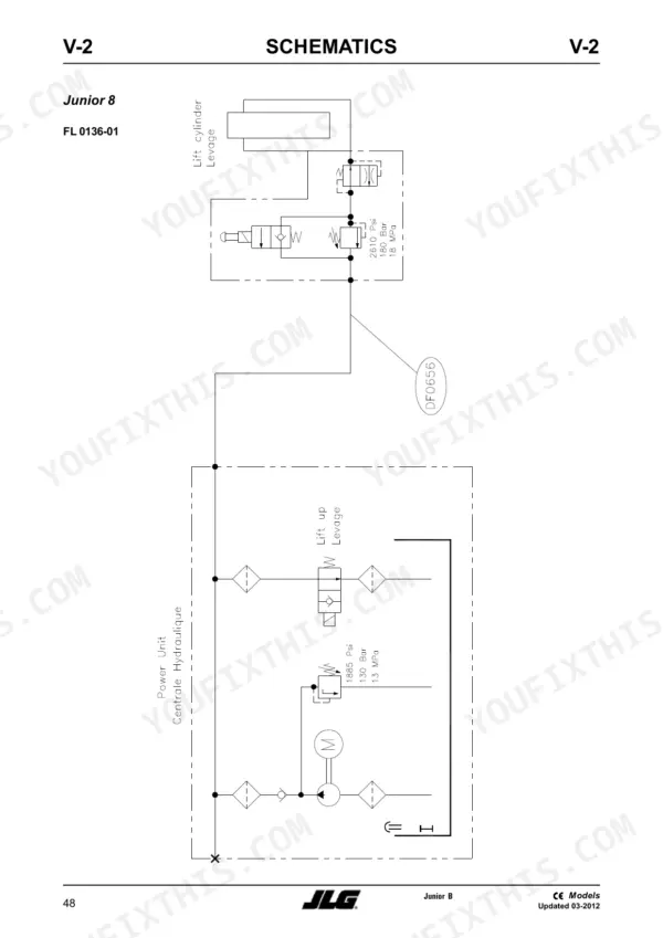 JLG Toucan Junior 8 hydraulic schematic showing power unit, lift cylinder, and pressure settings for lift up functions.
