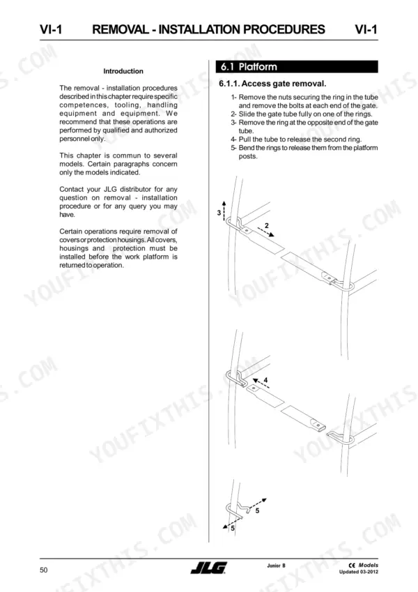 JLG Toucan Junior 6, 8: Access gate removal procedure and diagram showing platform gate tube and ring disassembly steps.