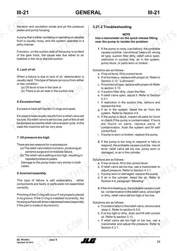JLG Toucan Junior 6, 8 troubleshooting guide for hydraulic pump issues, aeration, cavitation, and oil pressure failures.