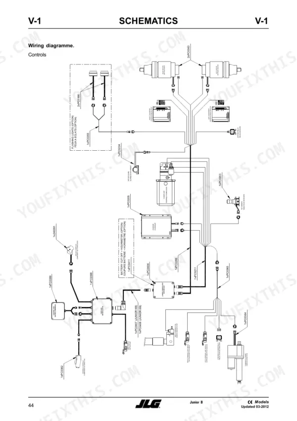 JLG Toucan Junior 6, 8 wiring diagram showing controls, motors, power unit, and steering components for CE models.