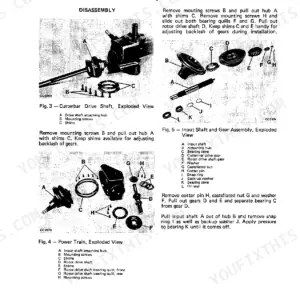 John Deere 1320 Impeller Mower-Conditioner gearbox disassembly, exploded views of cutterbar drive, power train, and input shaft.