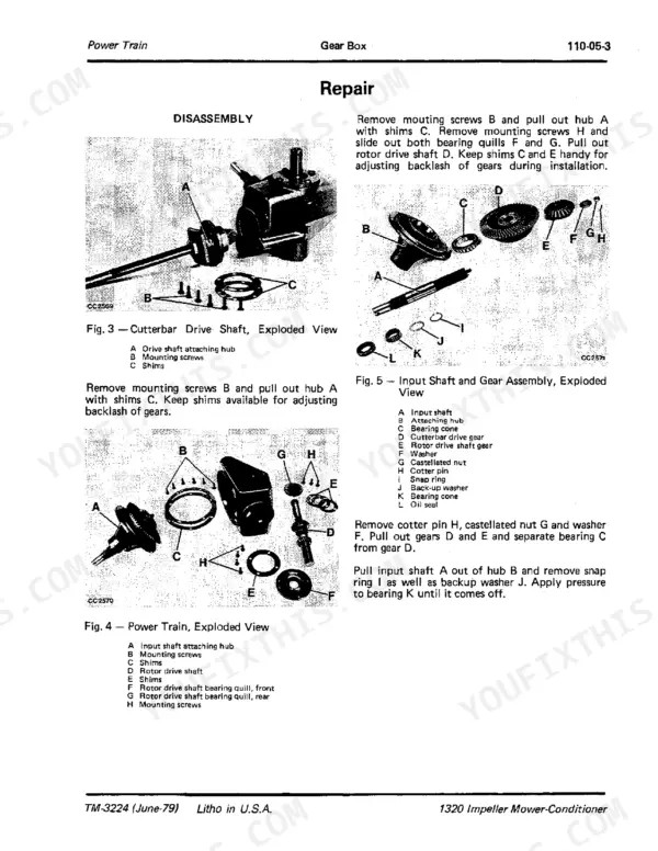 john-deere-1320-impeller-mower-conditioner-technical-manual-tm3224-exploded-view-11.webp John Deere 1320 Impeller Mower-Conditioner gearbox disassembly, exploded views of cutterbar drive, power train, and input shaft.