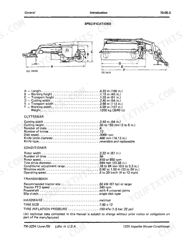 John Deere 1320 Impeller Mower-Conditioner specifications page showing machine dimensions, cutterbar, conditioner, and transmission data.