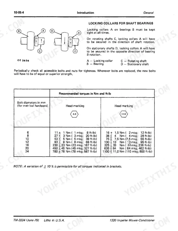 John Deere 1320 Impeller Mower-Conditioner shaft locking collar diagram and metric bolt torque specification table.