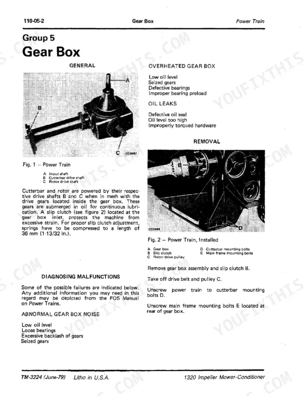 John Deere 1320 Impeller Mower-Conditioner gear box troubleshooting, removal procedures, and power train component diagrams.