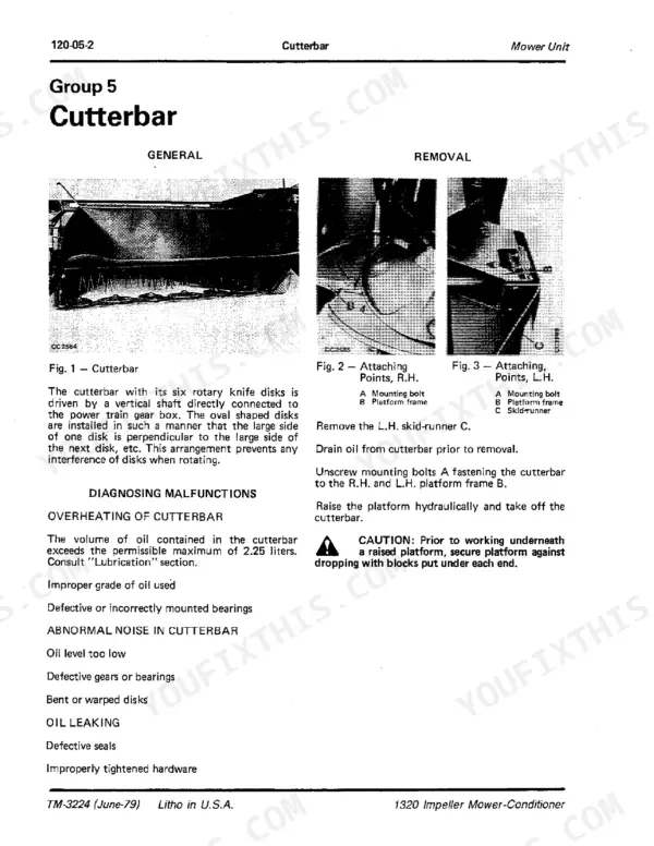 John Deere 1320 Impeller Mower-Conditioner cutterbar removal procedure, mounting point diagrams, and troubleshooting guide.