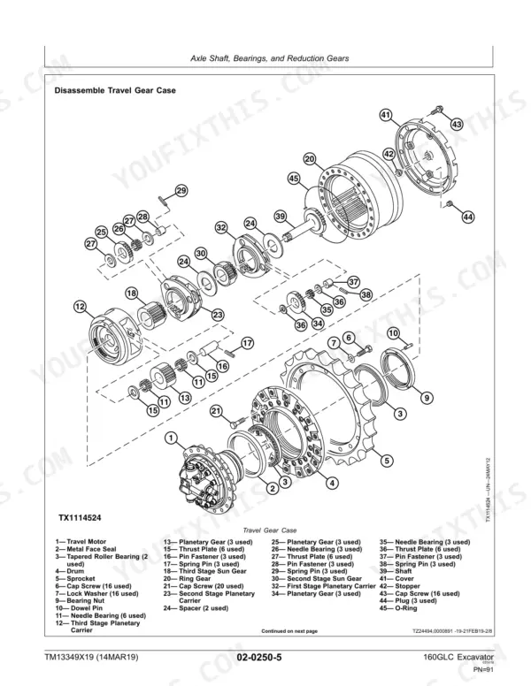 John Deere 160GLC exploded view diagram for travel gear case disassembly, including planetary gears, bearings, and shafts.