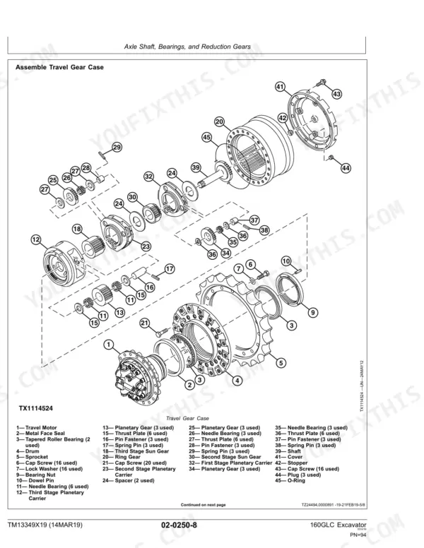 John Deere 160GLC exploded view diagram of travel gear case, axle shaft, bearings, and reduction gears with numbered parts list.