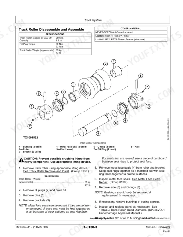 John Deere 160GLC track roller disassembly and assembly exploded view diagram, specifications, and repair procedures.