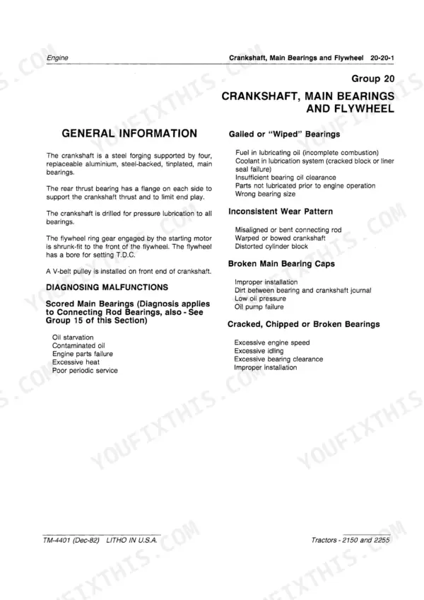 John Deere 2150, 2255 engine manual page for diagnosing crankshaft, main bearings, and flywheel malfunctions and wear.