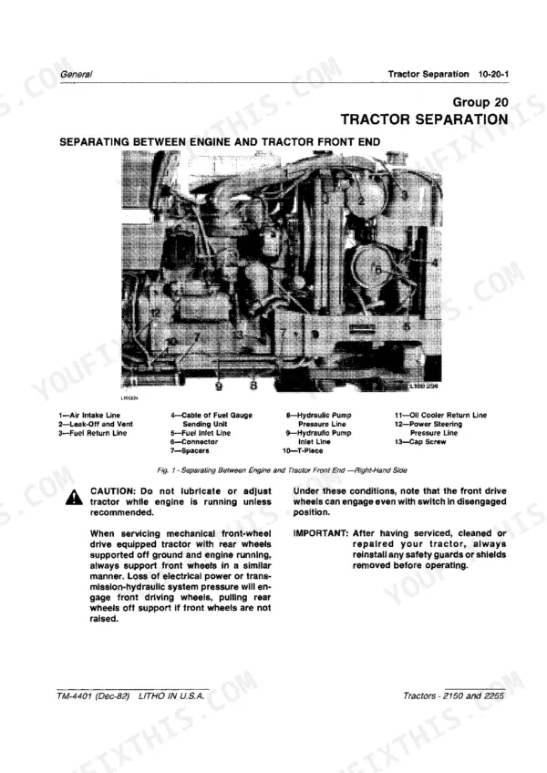 John Deere 2150, 2255 tractor separation procedure diagram showing engine and front end components with safety warnings.