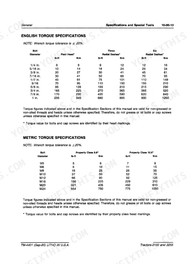 John Deere 2150, 2255 technical manual page showing English and Metric bolt torque specification tables.