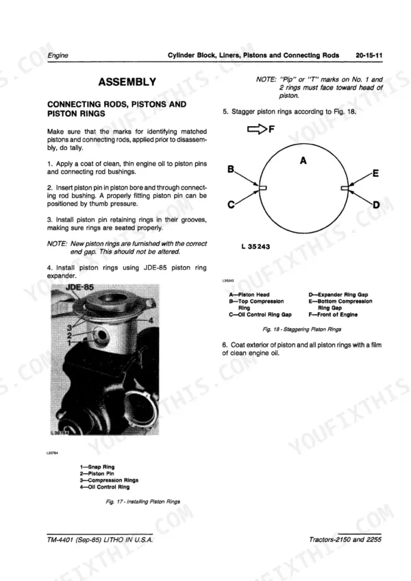john-deere-2150-2255-tractor-technical-manual-tm4401-wiring-126.webp John Deere 2150, 2255 engine assembly procedure for connecting rods, pistons, and piston ring installation and staggering diagram.