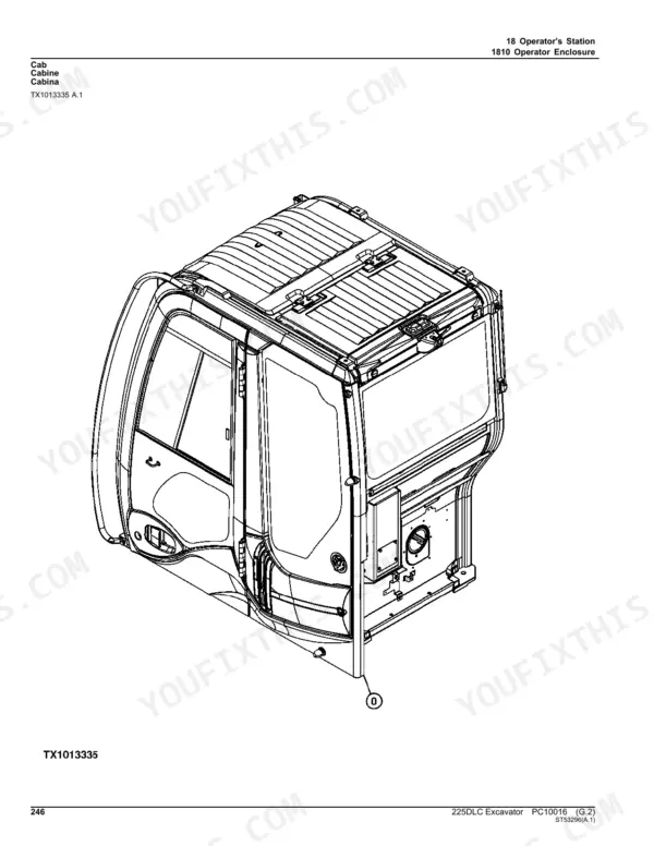 John Deere 225DLC excavator operator station cab enclosure line art diagram from parts manual.