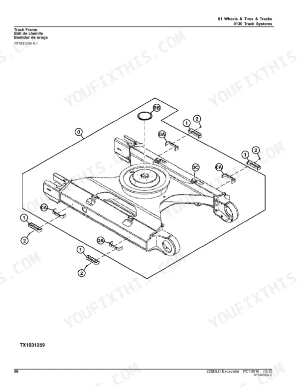 John Deere 225DLC exploded view diagram of the track frame assembly showing guide and wear plate components.