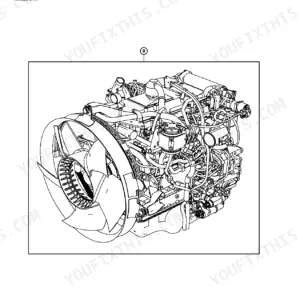 John Deere 225DLC engine assembly diagram showing cooling fan and engine block components.