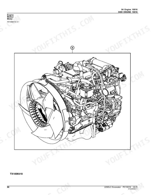 john-deere-225dlc-excavator-parts-catalog-pc10016-engine-parts-86.webp John Deere 225DLC engine assembly diagram showing cooling fan and engine block components.