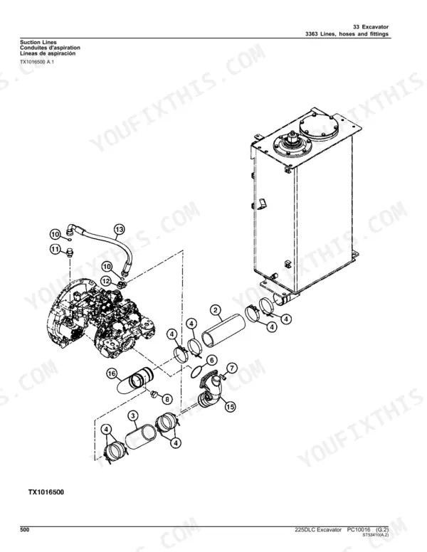 John Deere 225DLC exploded view diagram of hydraulic suction lines, hoses, and fittings connecting the reservoir to the pump.