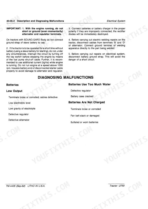 john-deere-2750-tractor-technical-manual-tm4405-exploded-view-128.webp John Deere 2750 electrical system troubleshooting guide for battery malfunctions, low output, and charging issues.