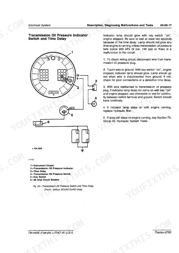 John Deere 2750 transmission oil pressure indicator switch and time delay wiring diagram and testing procedures.