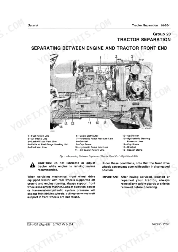 John Deere 2750 tractor separation procedure diagram showing engine and front end components with numbered parts list.