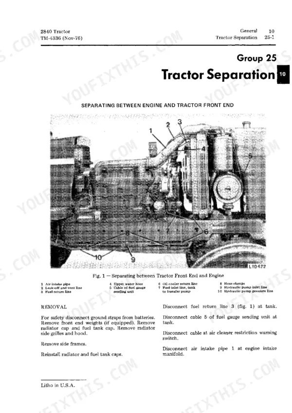 John Deere 2840 tractor separation procedure showing engine and front end components with numbered diagram and removal steps.