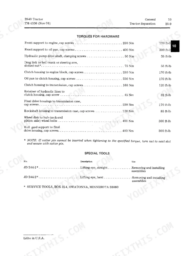 John Deere 2840 tractor torque specifications table for hardware and list of special lifting eye tools for assembly.